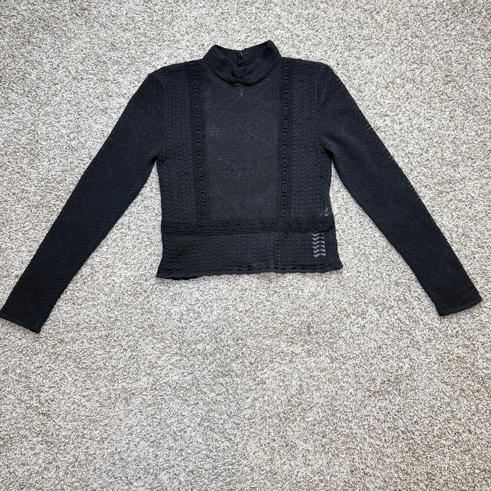 Zara Women's S Black Pointelle Lace Mock Neck Long Sleeve Knit Top Blouse Turkey